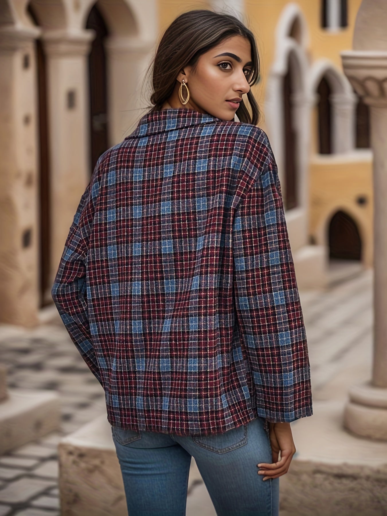Plaid Print Button Front Jacket Collared Long Sleeve Outerwear