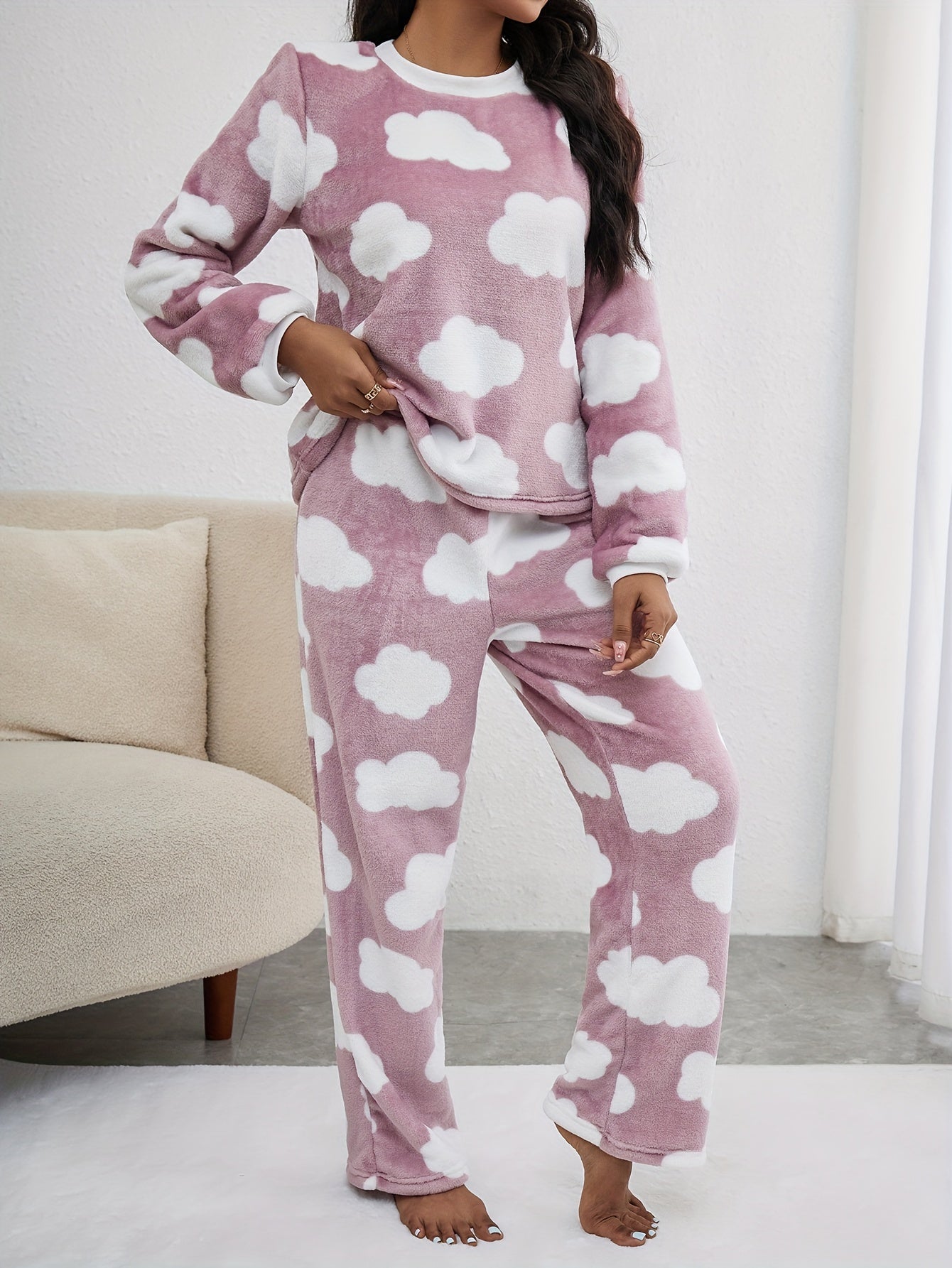 Cloud Print Fuzzy Pajama Set Long Sleeve Crew Neck Top & Pants