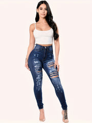 Ripped Holes Casual Skinny Jeans Slim Fit Slash Pockets Distressed High Stretch