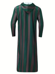 Islamic Arabic Kaftan Men Long Sleeve Vertical Striped V Neck Hooded
