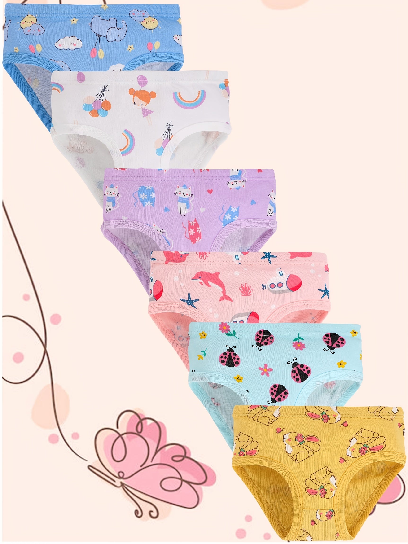 6pcs Girls Triangle Panties Cartoon Floral Animals Print Elastic Waist