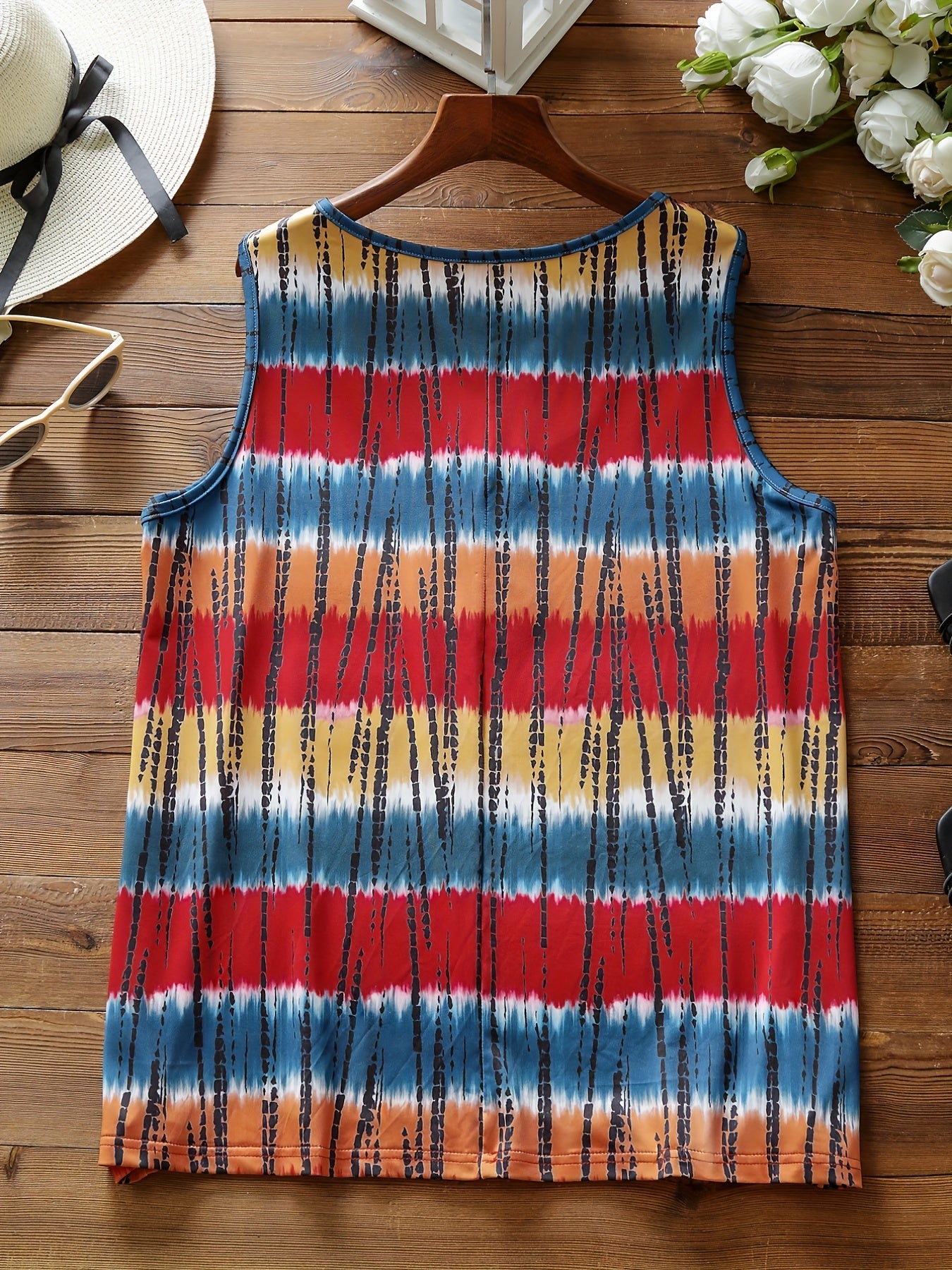 Tie Dye Button Up Tank Top Round Neck Medium Stretch