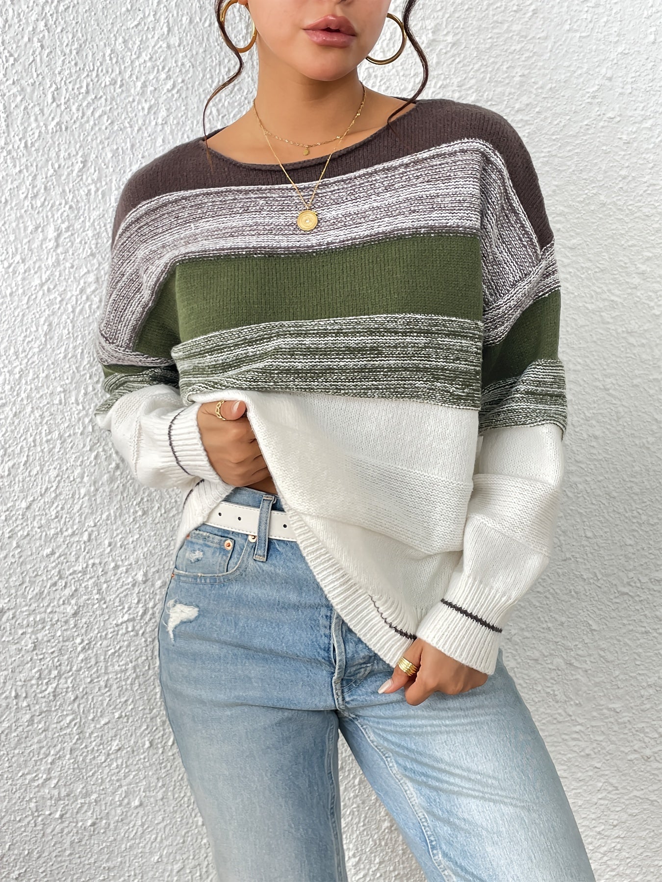 Striped Knit Sweater Crew Neck Long Sleeve Casual Women's Clothing