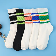 3 Pairs Striped Print Socks Women's Mid Tube Stockings