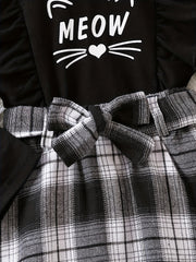 Baby Girls Cat Face Top & Plaid Skirt Set