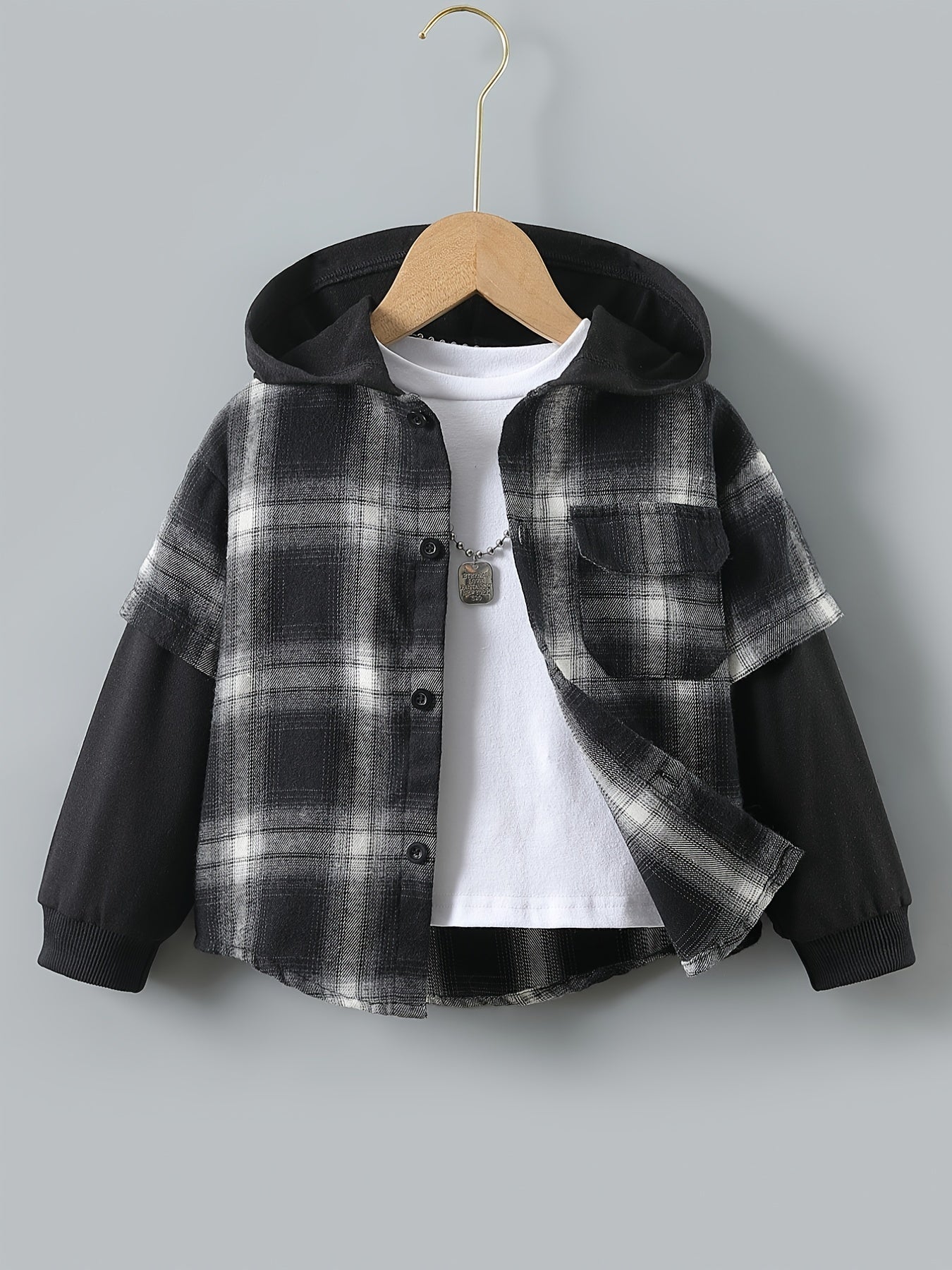 Boys Plaid Hoodie Button Long Sleeve Patchwork Jacket Top