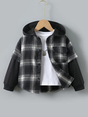 Boys Plaid Hoodie Button Long Sleeve Patchwork Jacket Top
