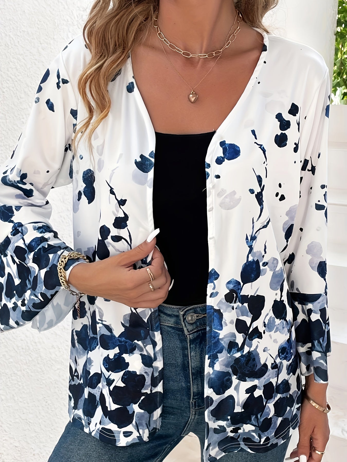 Floral Print Bell Sleeve Open Front Cardigan