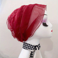 Soft Solid Mesh Turban Cap Pleated Mesh Breathable Head Wrap Elastic Beanie