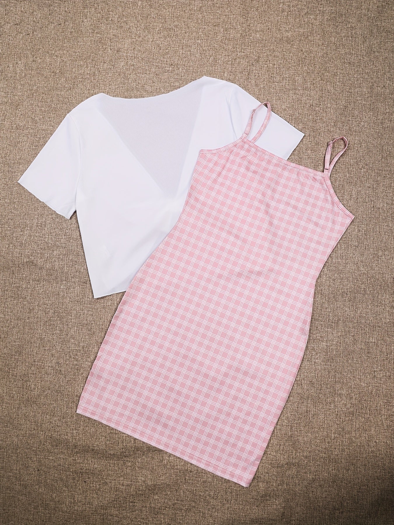 Plaid Dresses & Open Front Tops Two Pieces Set Outfits Women's Clothing