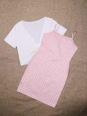 Plaid Dresses & Open Front Tops Two Pieces Set Outfits Women's Clothing