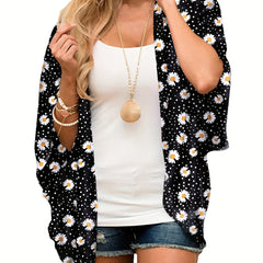 Floral Print Cover Up Shirt V Neck Loose Fit Long Sleeves Beachwear