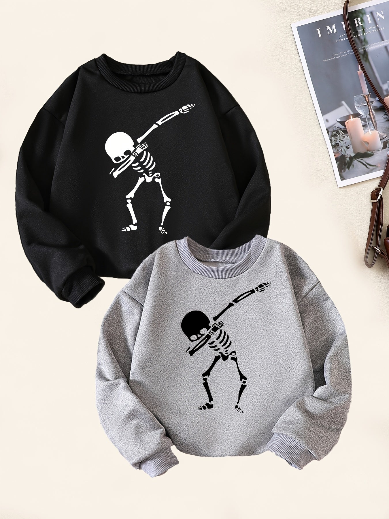 2pcs Skeleton Dancing Print Boys Sweatshirt Long Sleeve Crew Neck Tops