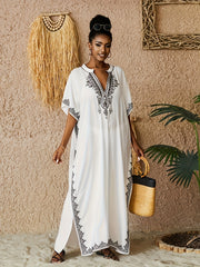 Floral Embroidered Batwing Sleeve Maxi Beach Cover Up Dress