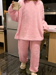 Plush Pajamas Set Crew Neck Top & Fluffy Waistband Pants