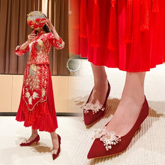 Women's Red Kitten Heeled Pumps Slip on Pointed Toe
