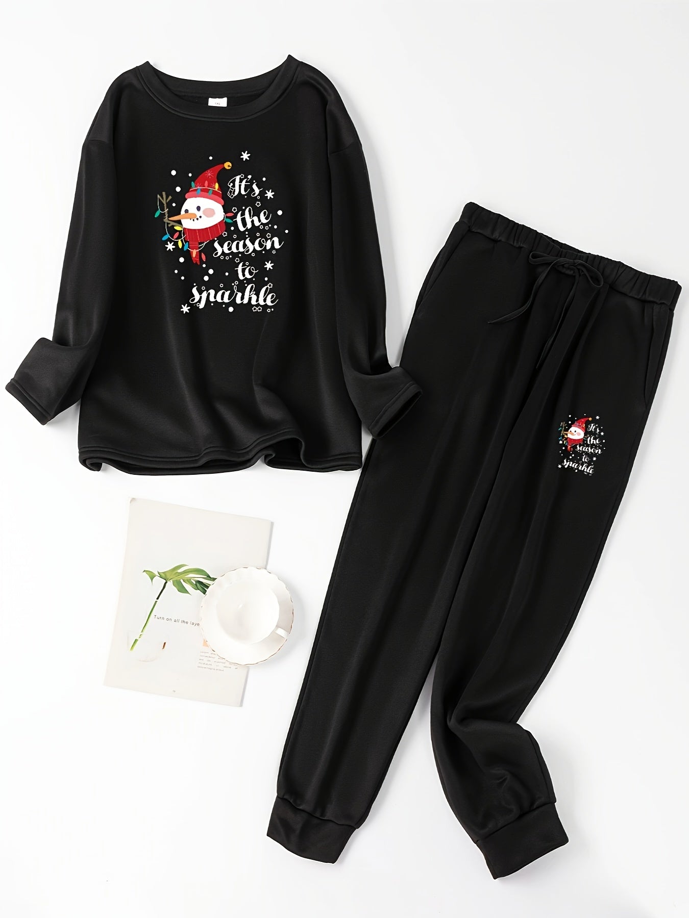 Christmas Lounge Set Snowman & Slogan Fleece Top & Joggers
