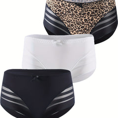 3 Pack Plus Size Sexy Panties Set Women's Plus Leopard Print Contrast Mesh