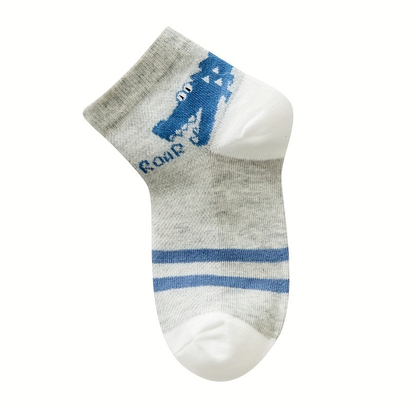 5 Pairs Kids Mesh Breathable Crew Socks Cartoon Crocodile Stripe Design