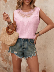 Eyelet Lace Patched Blouse Sleeveless Crew Neck Women's Clothing