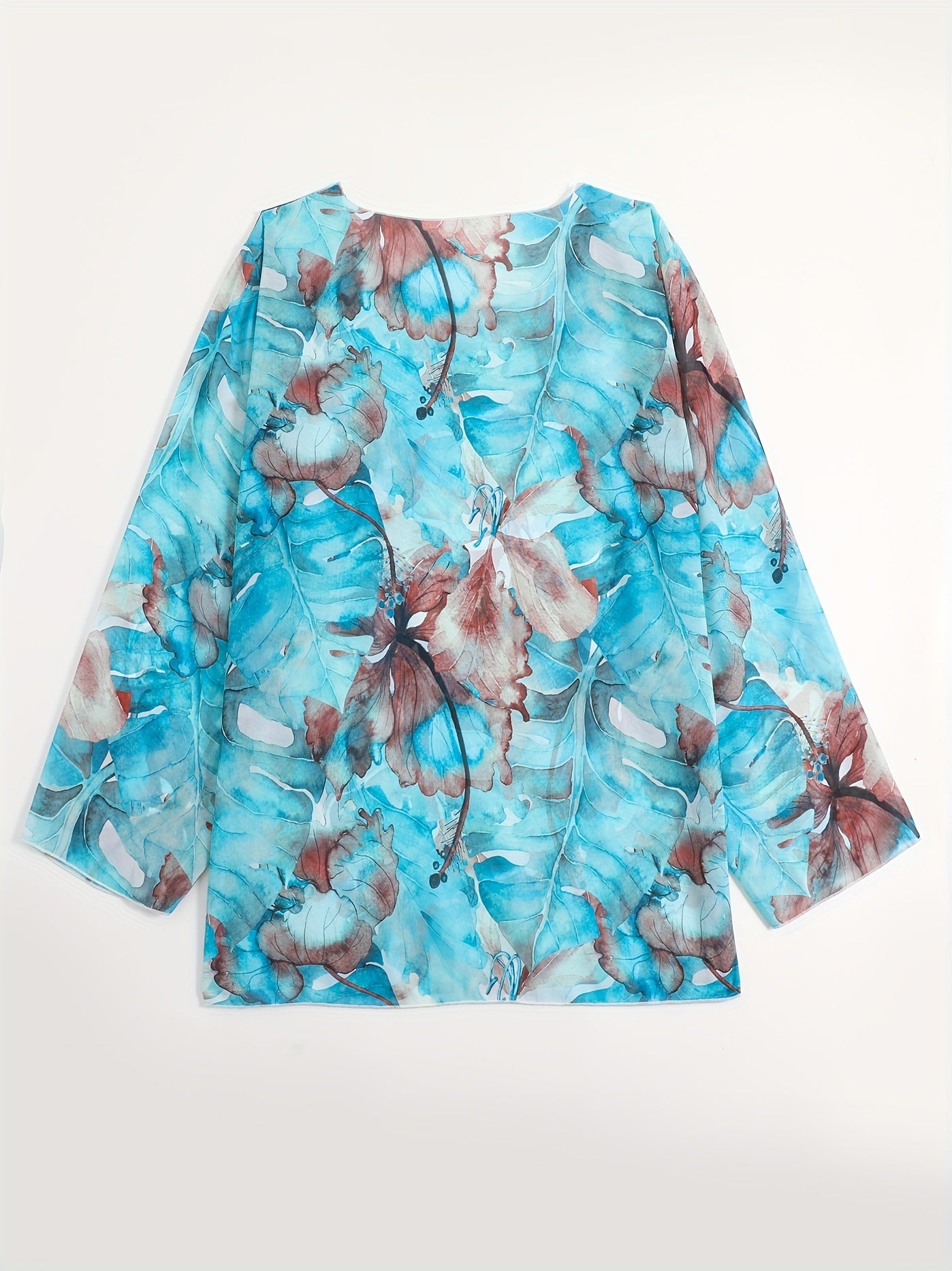 Tie Dye Leaf Print Long Sleeve Round Neck Cover Up