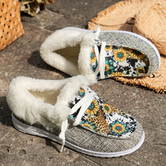 Women's Sunflower Print Fleece Low Top Warm Shoes Lightweight Outdoo