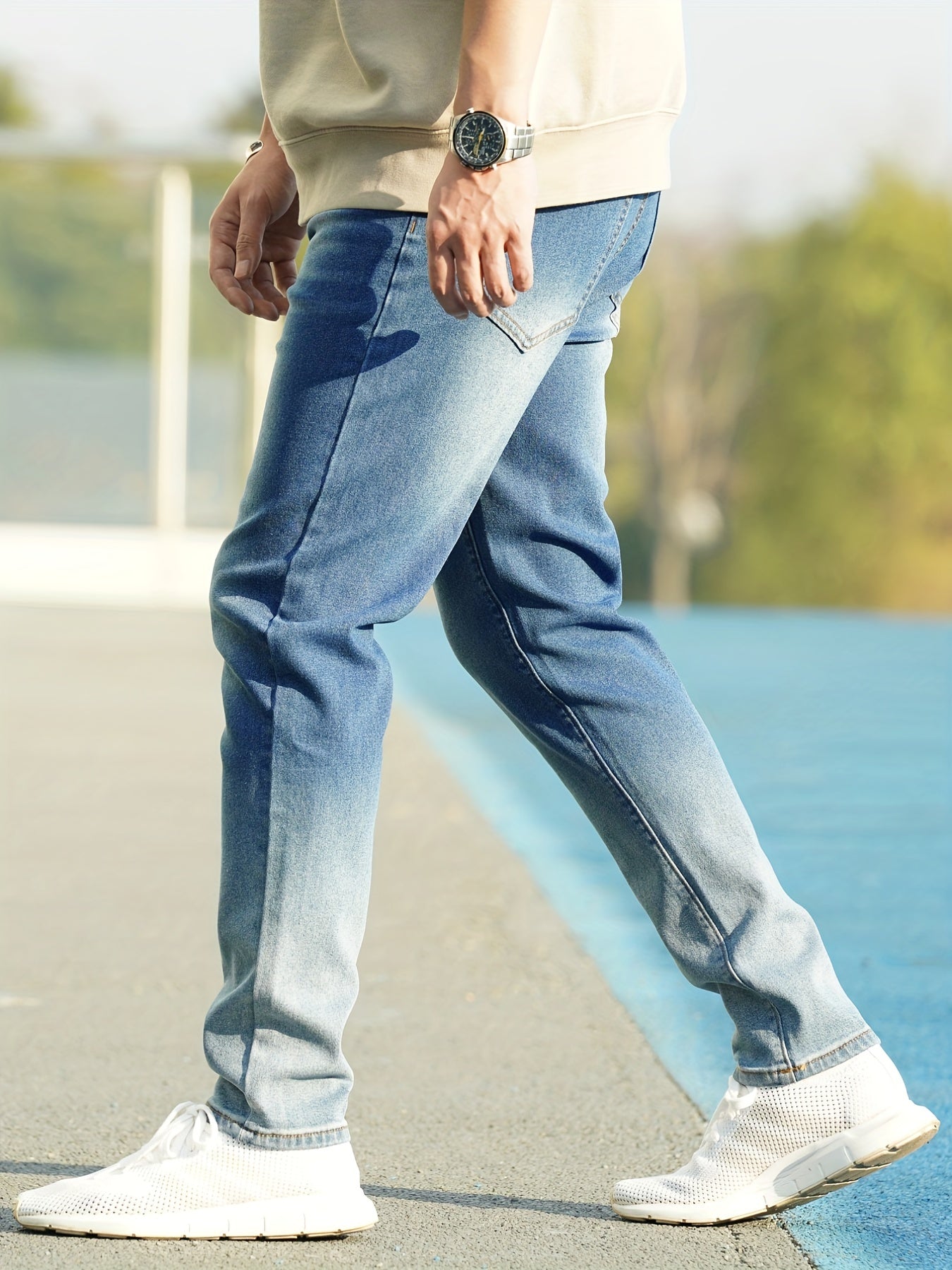 Slim Fit Jeans Mens Casual Street Style Solid Slightly Stretch Distressed Denim
