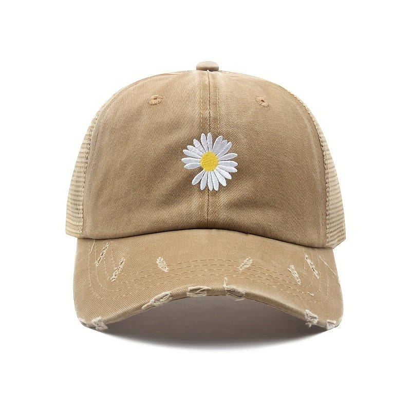 Daisy Embroidered Ponytail Trucker Hat Ripped Washed Distressed Baseball Cap
