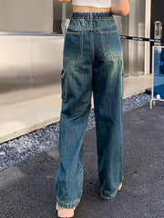 Embossed Cargo Jeans Elastic Waist Pop Style Denim Pants