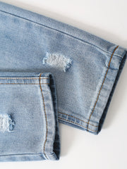 Girls' Cotton Slim Jeans Elastic Waist Ripped Jeans