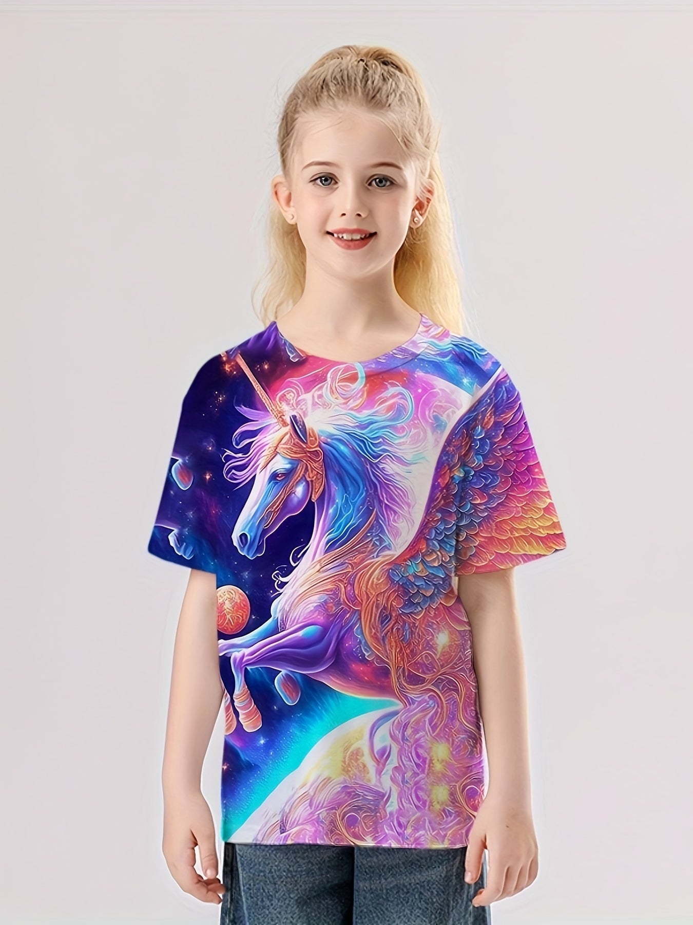 3D Tie Dye Unicorn Graphic T-shirt Girls Casual Short Sleeve Tee