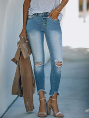 Washed Button Fly Ripped Fringe Trim High Stretch Jeans