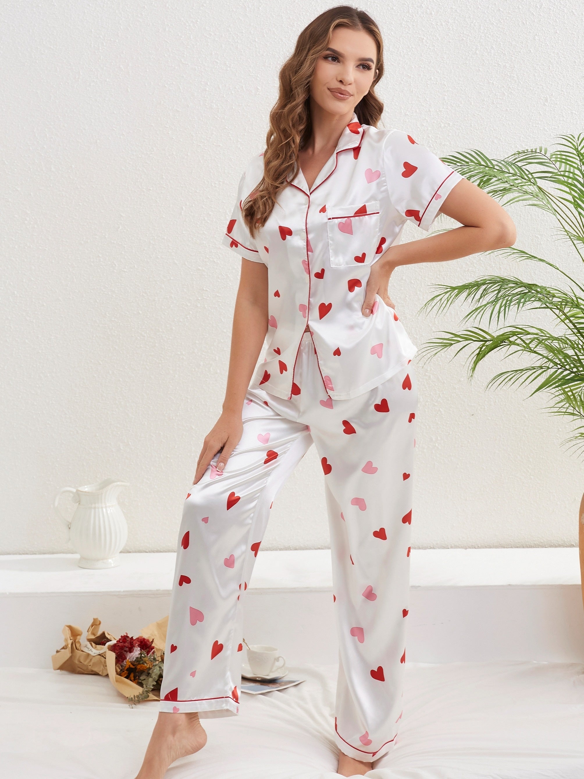 Heart Print Pajama Set Short Sleeve Buttons Top & Elastic Waistband Pants