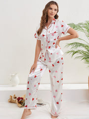 Heart Print Pajama Set Short Sleeve Buttons Top & Elastic Waistband Pants