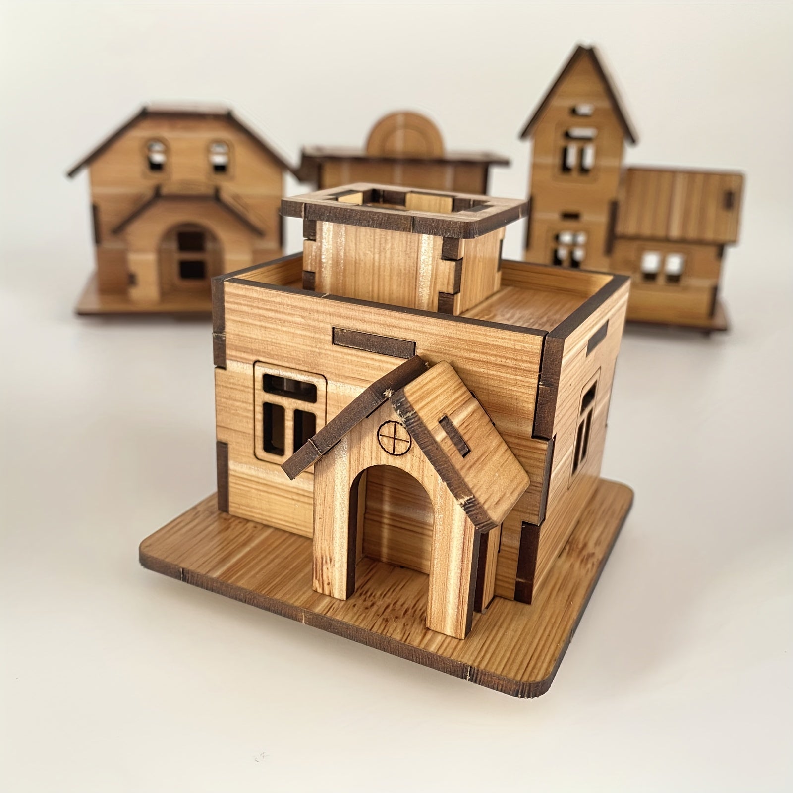 4pcs Mini Wooden 3D Puzzle Kit DIY Building Models Brain Teaser Educational Toy