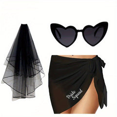 Beach Party Bride Outfit 3pcs Set Short Tulle Veil & Heart Shaped Glasses