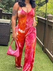 Tie Dye Spaghetti Strap Jumpsuit Sexy V Neck Sleeveless Wide Leg Jumpsuit