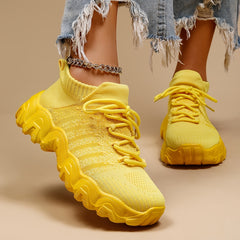 Yellow Knit Sneakers Breathable Comfortable Low Top Running Shoes