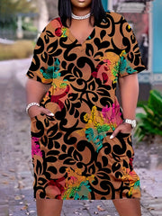Floral Print V-Neck Dress With Pockets