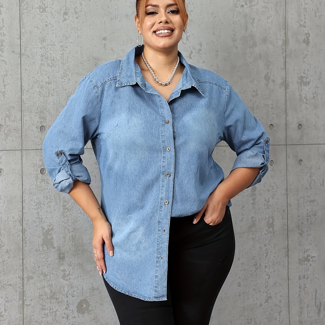 Preppy Denim Top Women's Button Up Roll Sleeve Turn Collar Blouse