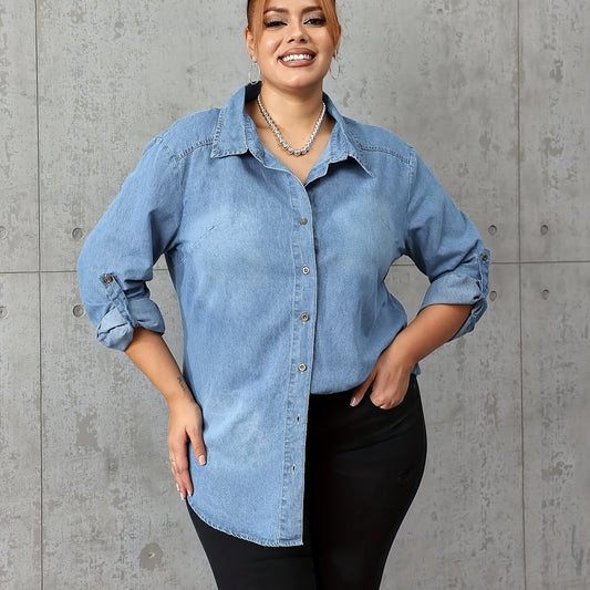 Preppy Denim Top Women's Button Up Roll Sleeve Turn Collar Blouse