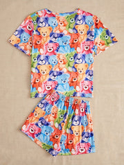 Bear Print Pajama Set Short Sleeve Top & Shorts Women's Sleepwear