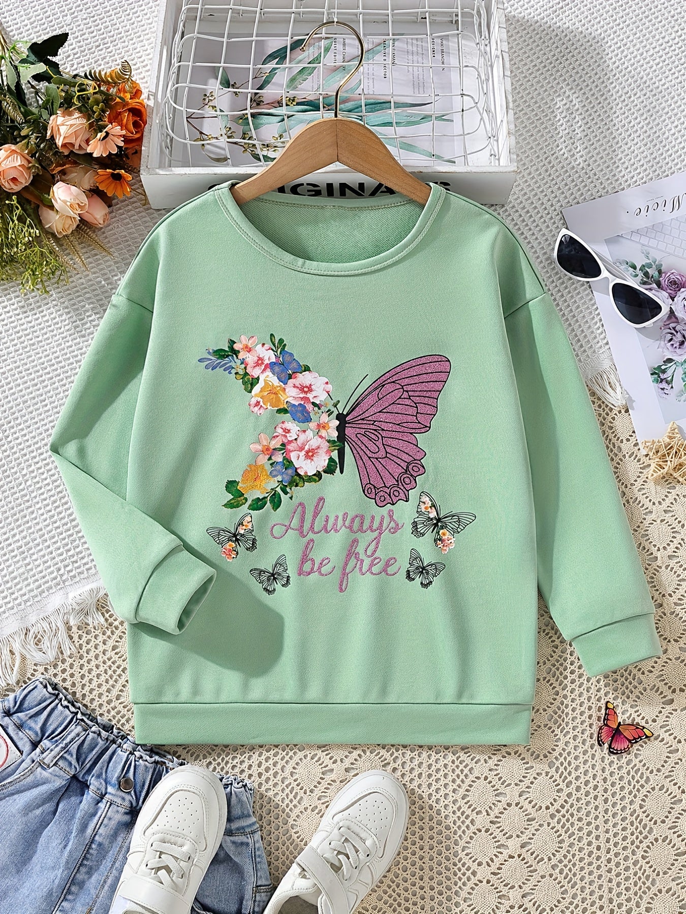 Girls Floral Butterfly Crew Neck Sweatshirt Top Pullover