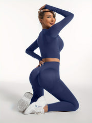 Women's Yoga Sports Suits Seamless Stretchy Fitness Long Sleeve Top & Leggings