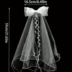 Bow Bridal Veil Tassel Leaf Pattern Double Layer Mesh Headpiece