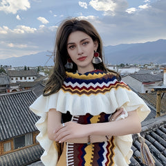 Striped Tassel Shawl Bohemian Block Warm Wrap Ruffles Knitted