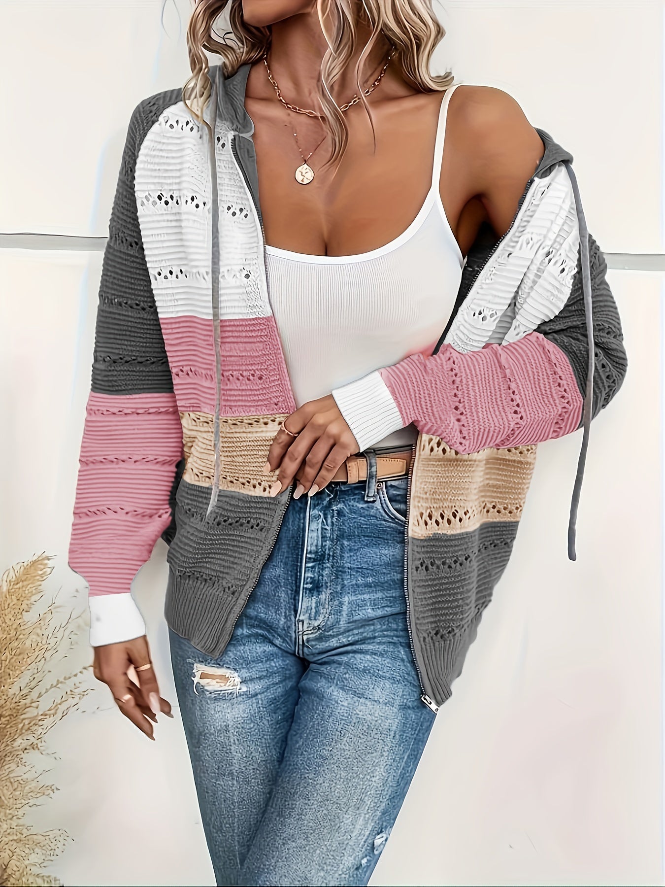 Women's Plus Colorblock Knitted Long Sleeve Zipper Up Hooded Cardigan