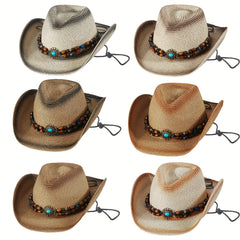 Ethnic Western Rolled Hat Cowboy Straw Hat