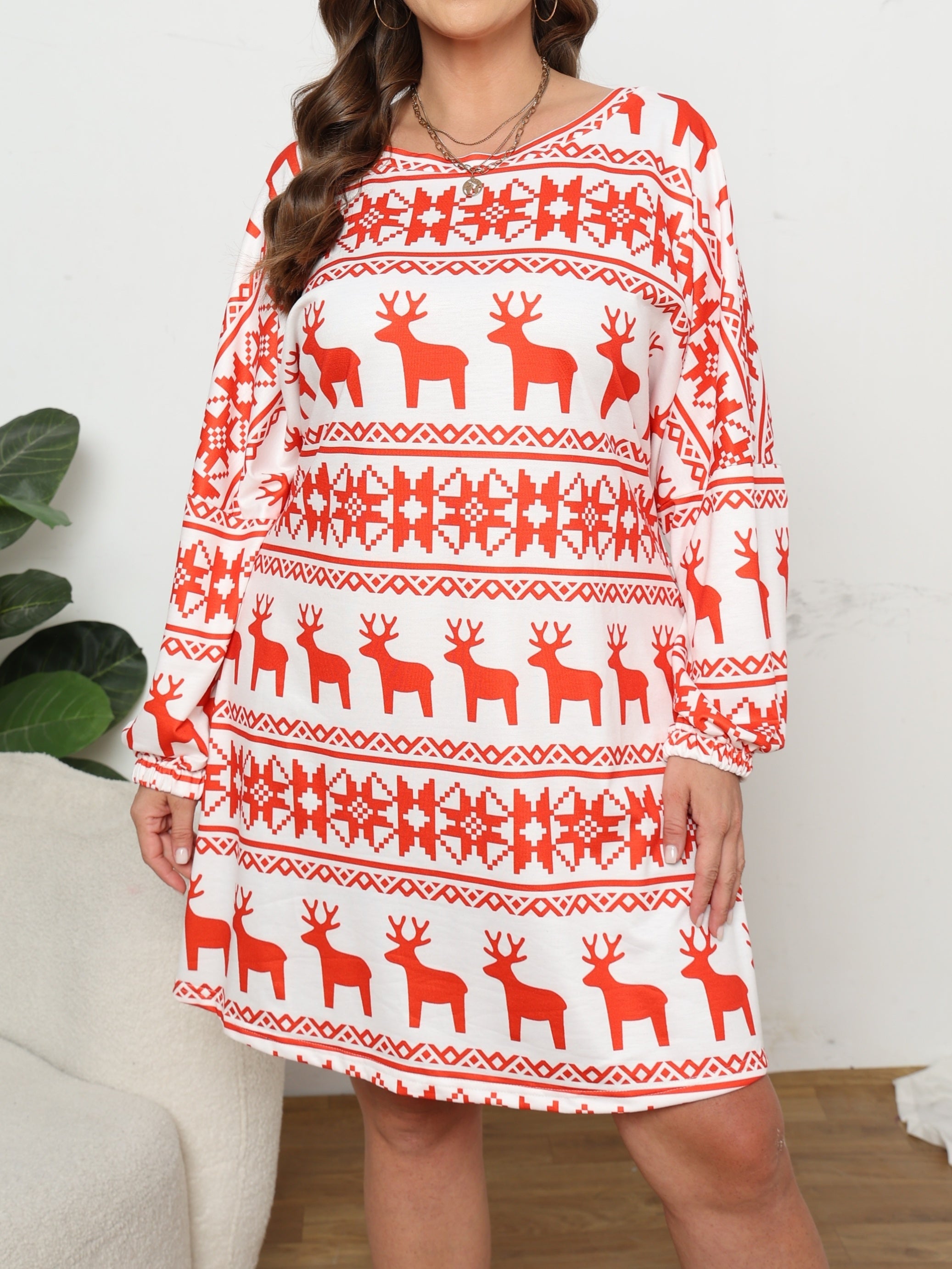 Christmas Dress Women's Plus Geo Reindeer & Snowflake Print Dress