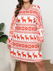 Christmas Dress Women's Plus Geo Reindeer & Snowflake Print Dress